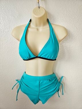 Hula Honey Women's Turquoise Halter Bikini Top L Ruched HighWaist Bottoms M Swim